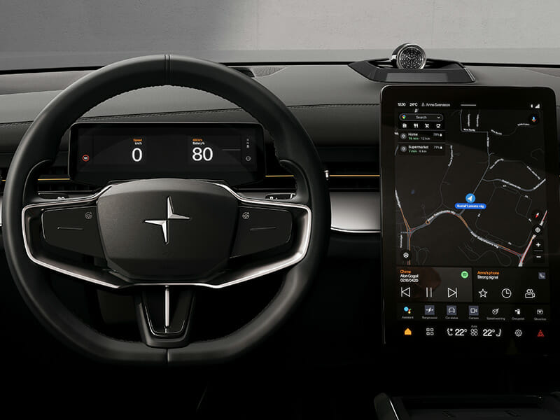 The interior of Polestar 3, including Smart Eye's Driver Monitoring System